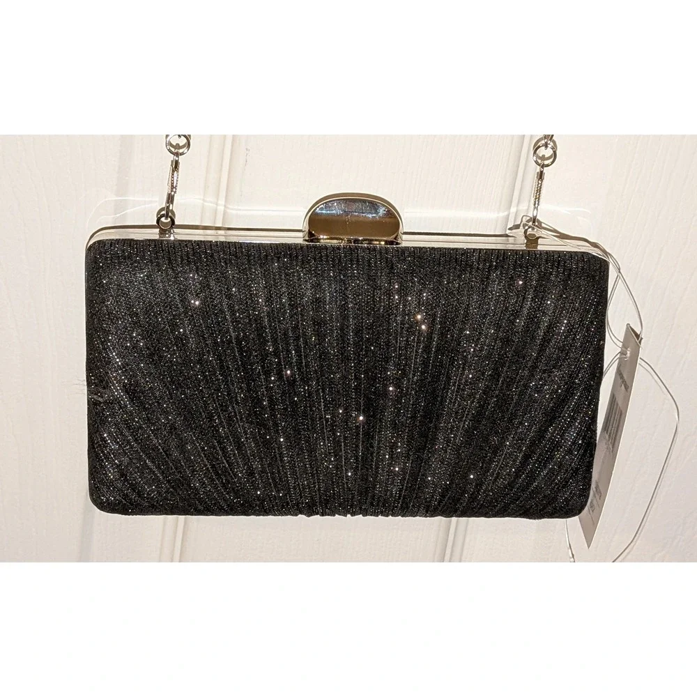 D'margeaux‎ Black Glitter Pleated Evening Clutch Bag Silver Chain YG92281B NEW